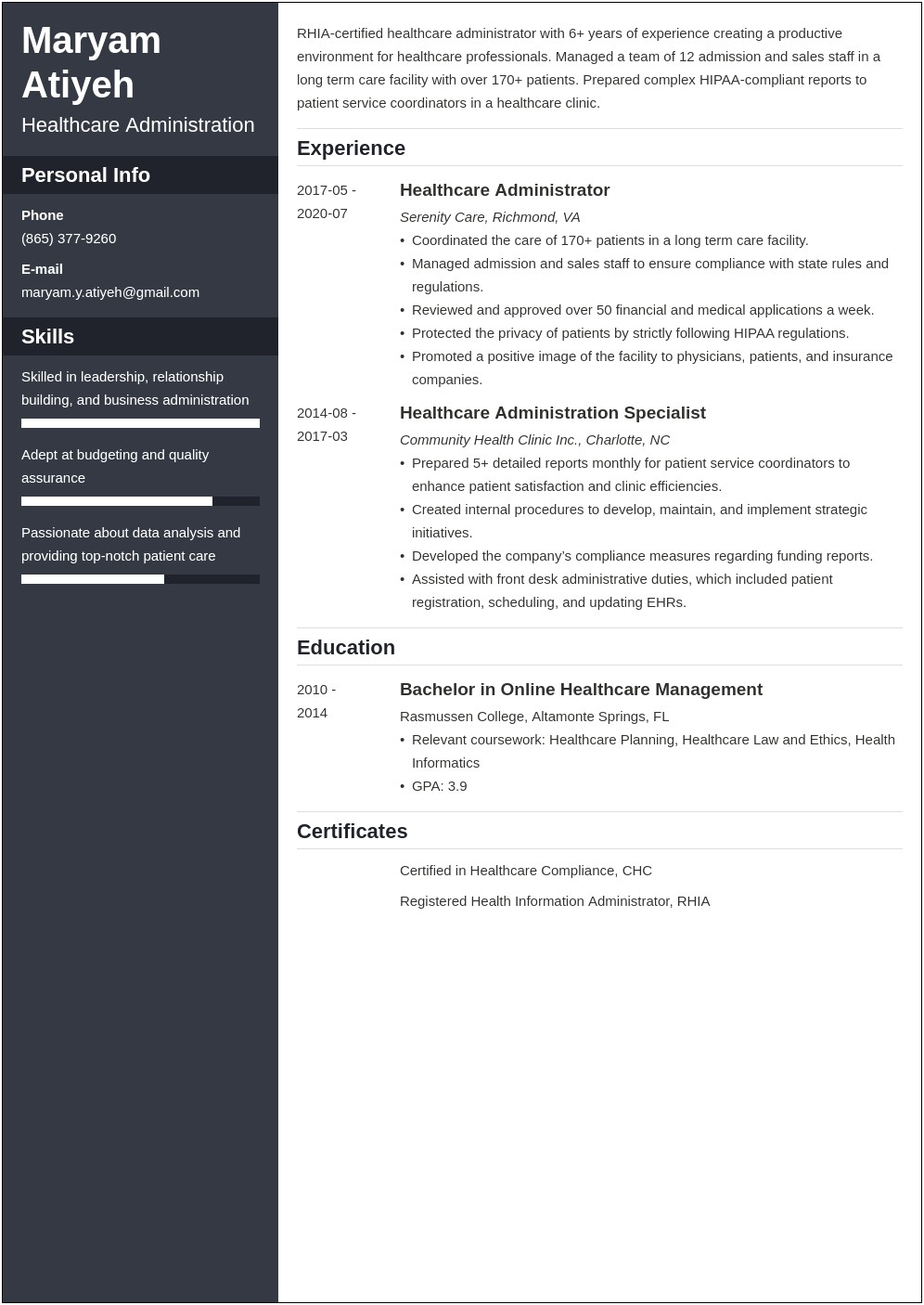 Sample Resume Objectives For Healthcare Administration