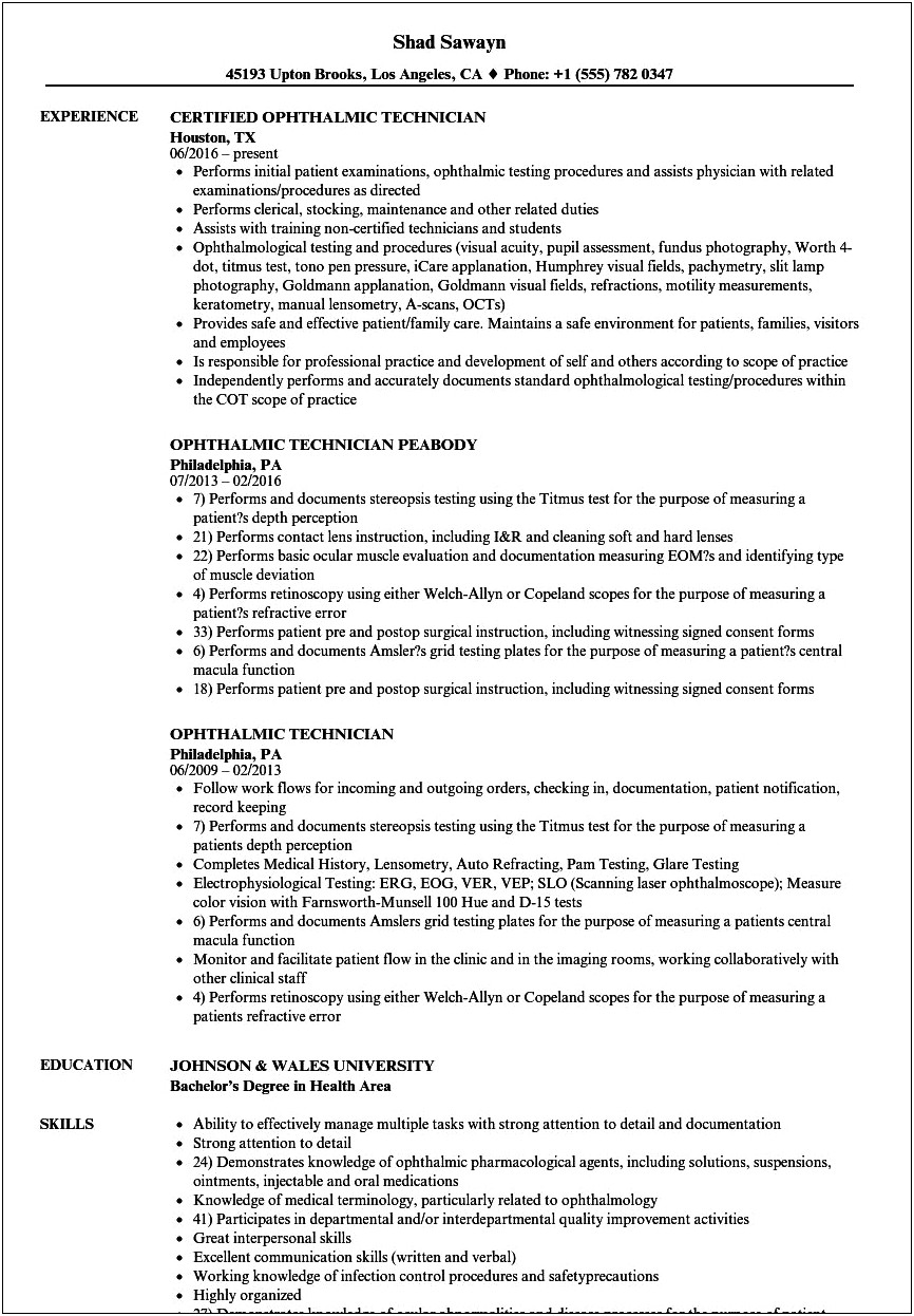 Sample Resume Objectives For Ophthalmic Technician