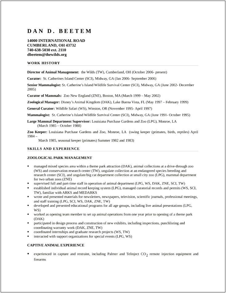 Sample Resume Objectives For Zoo Keeper