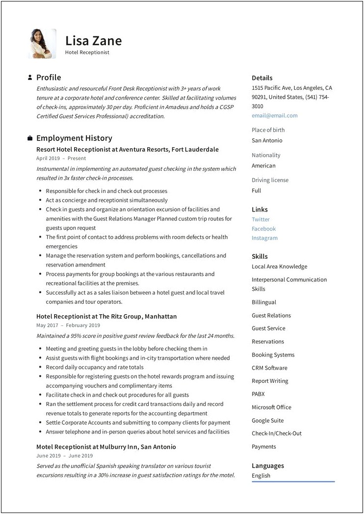 Sample Resume Of A Receptionist 2019