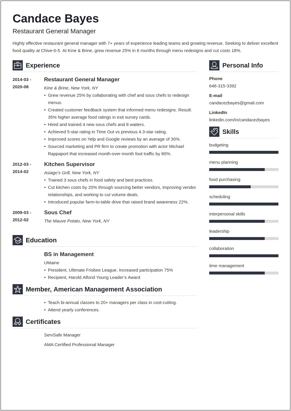 Sample Resume Of A Restaurant General Manager