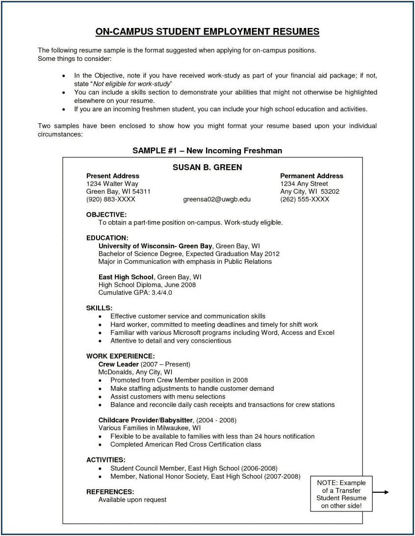 Sample Resume Of A Transfer Student