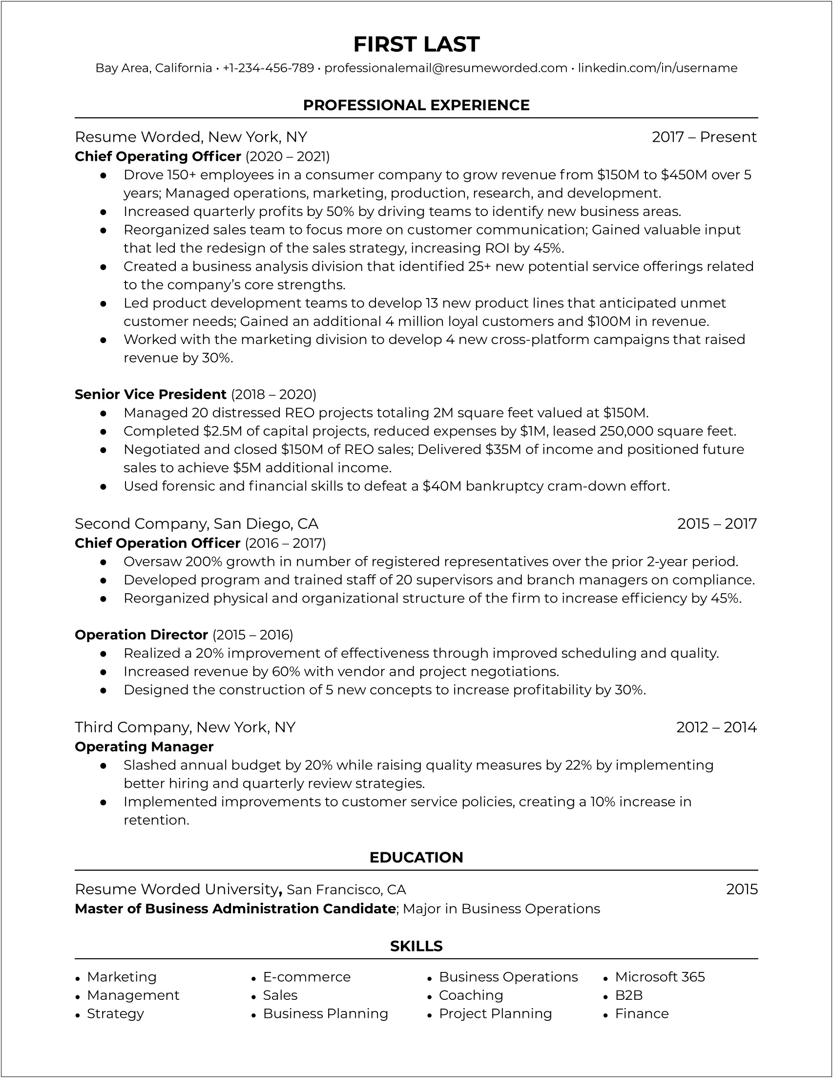 Sample Resume Of Chief Operating Officer