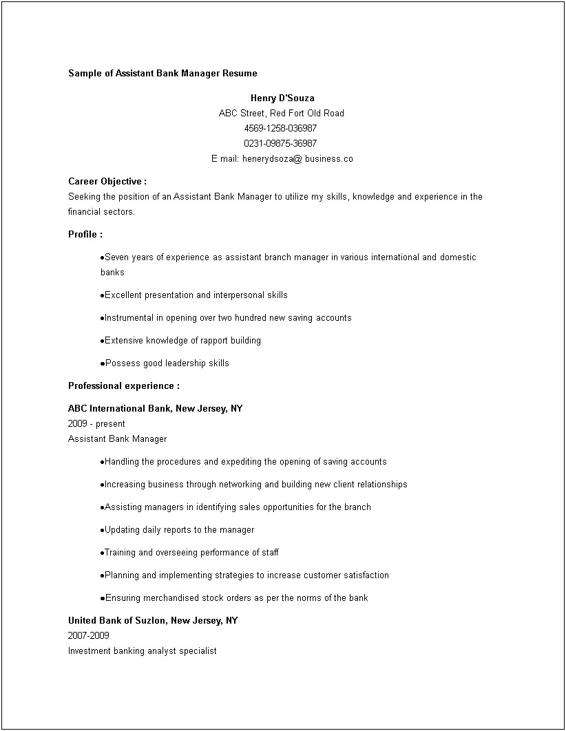 Sample Resume Of Deputy Manager Sales