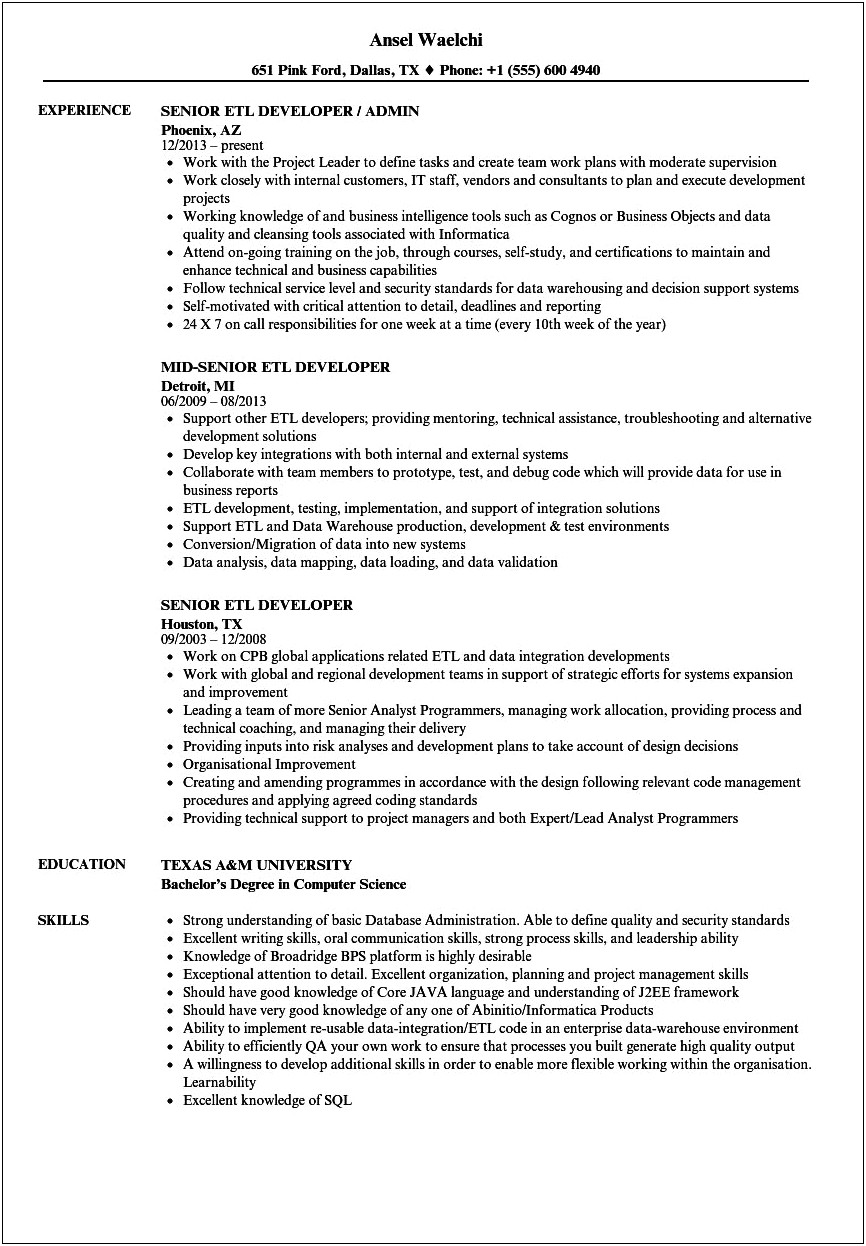 Sample Resume Of Etl Developer 5 Year Experience