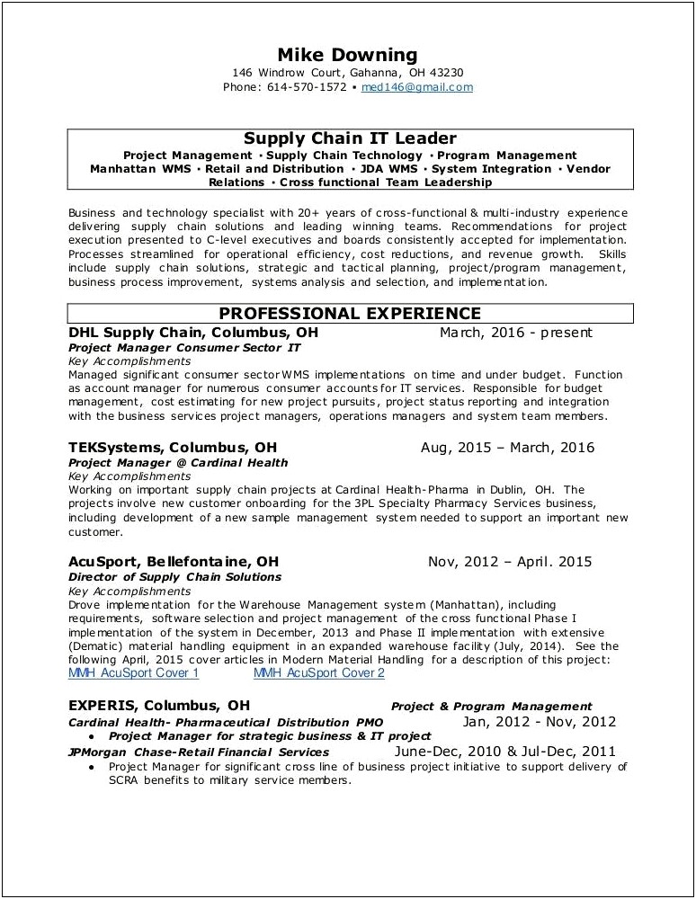 Sample Resume Of Health Care Project Manager