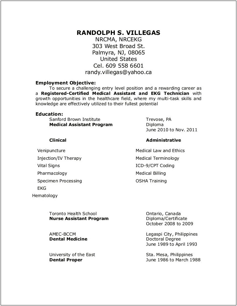 Sample Resume Of Health Technician Ekg