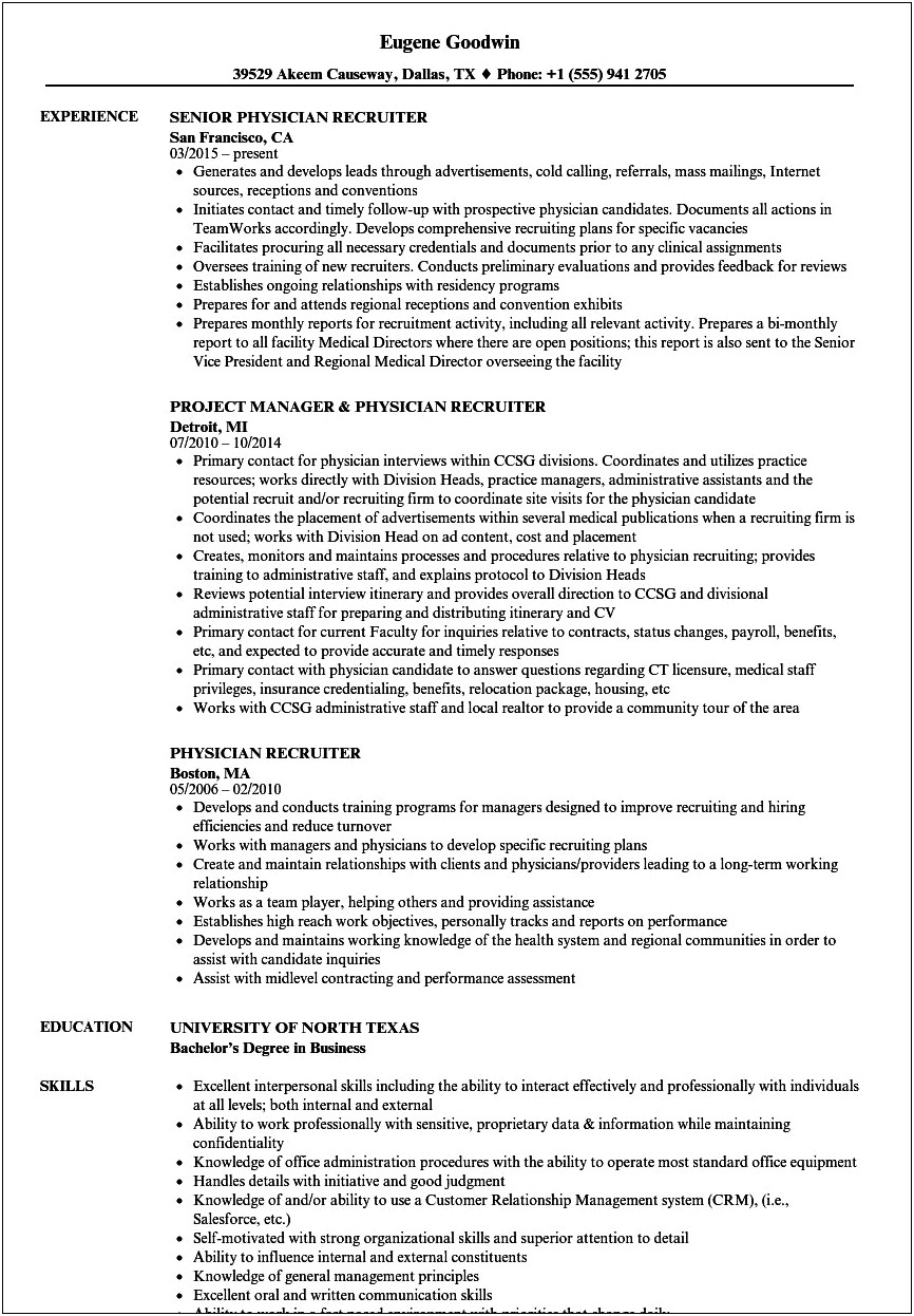 Sample Resume Of Healthcare Recruiter In Staffing