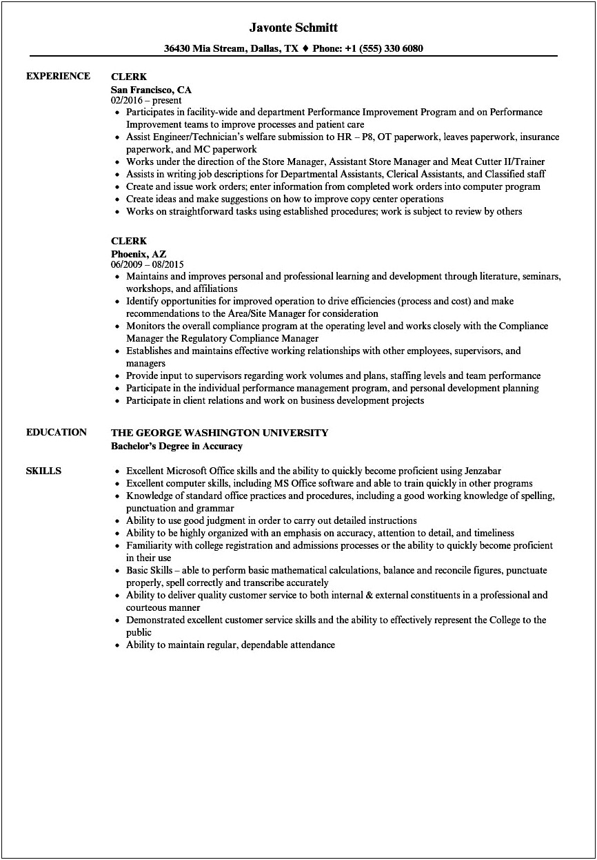 Sample Resume Of Hospital Admitting Clerk