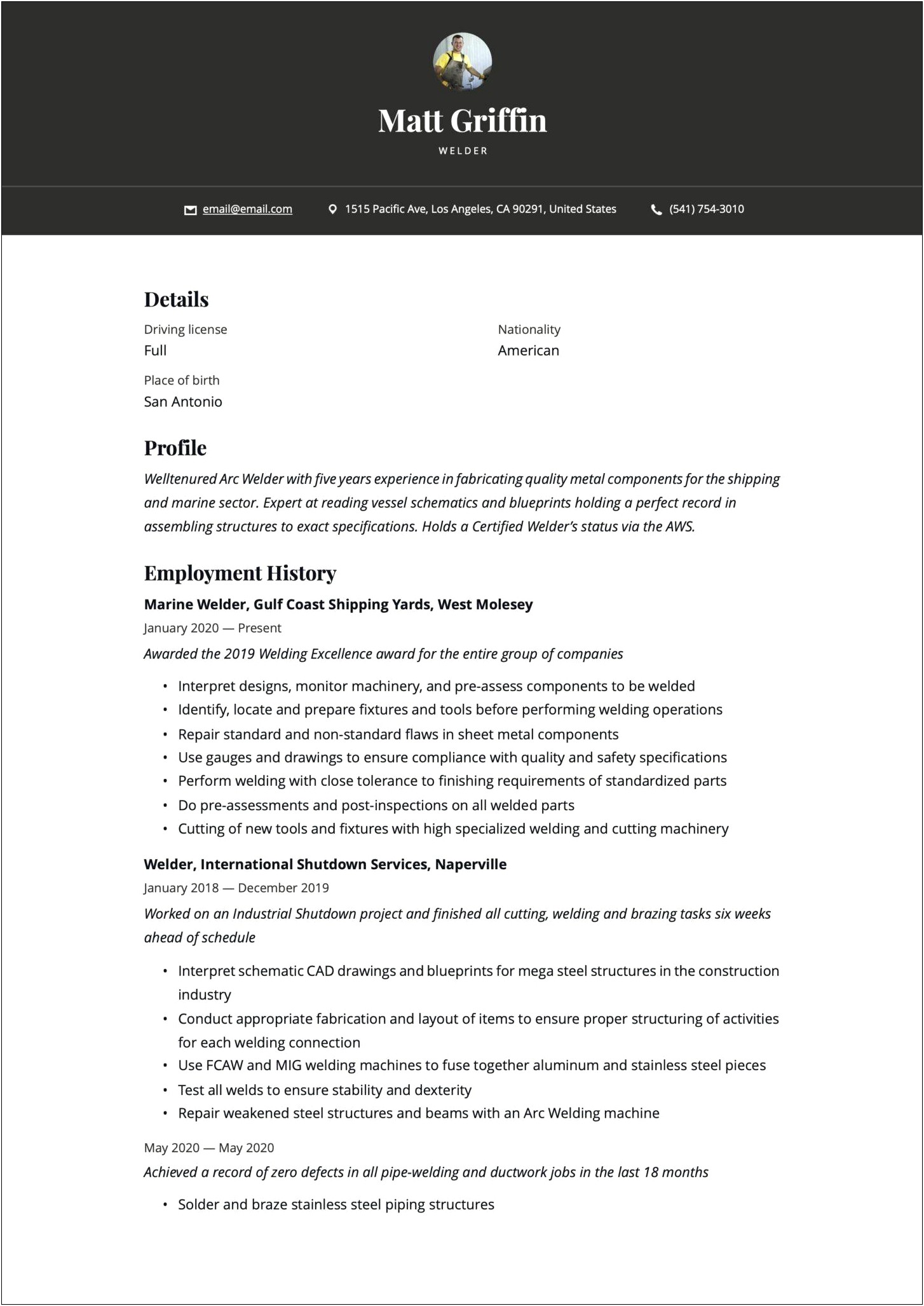 Sample Resume Of Smaw Welder With Job Description