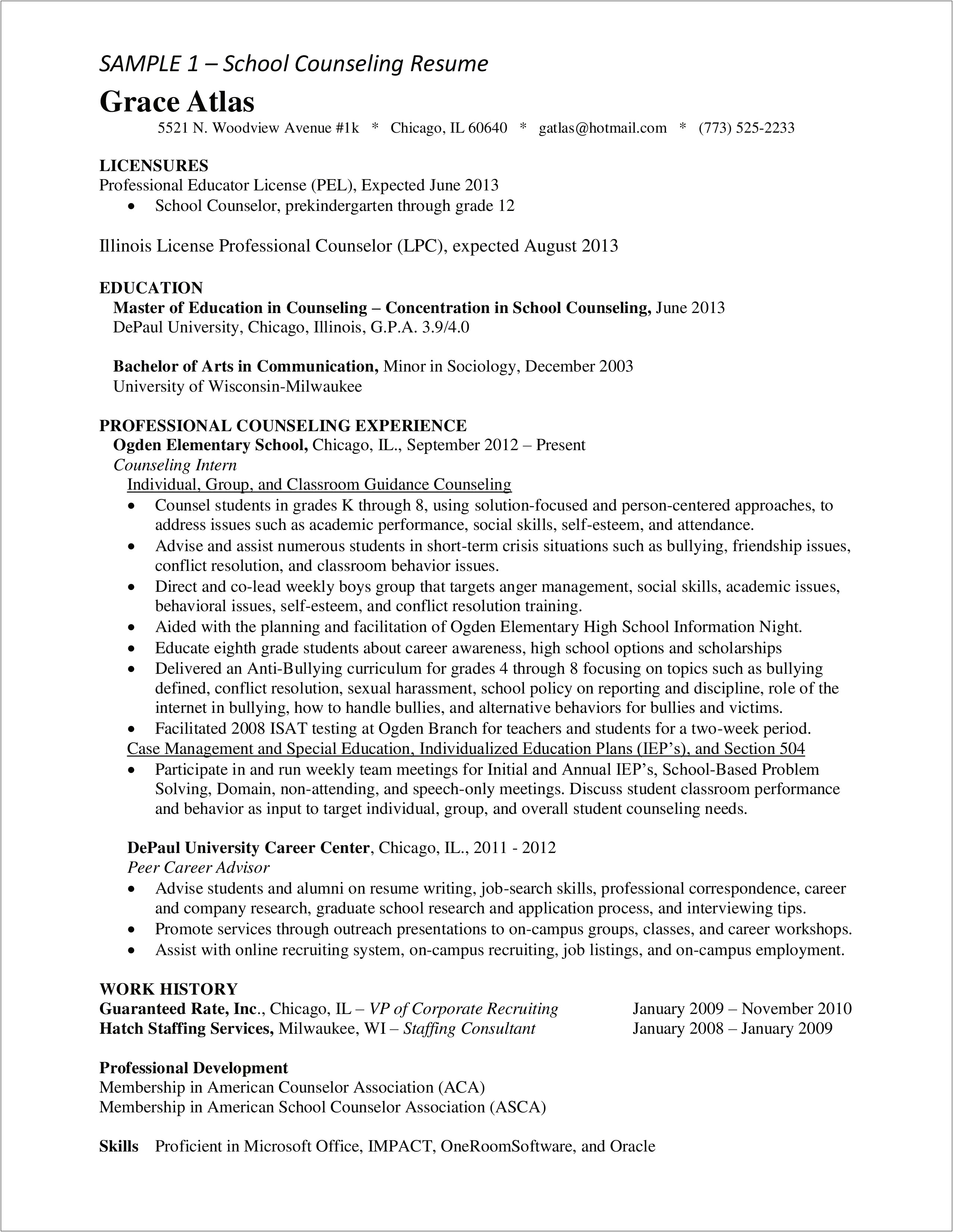 Sample Resume Outline For Counseling Position