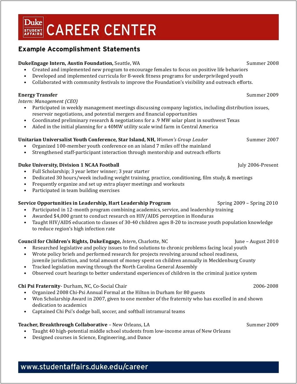 Sample Resume Personal Achievements Contributions Statement