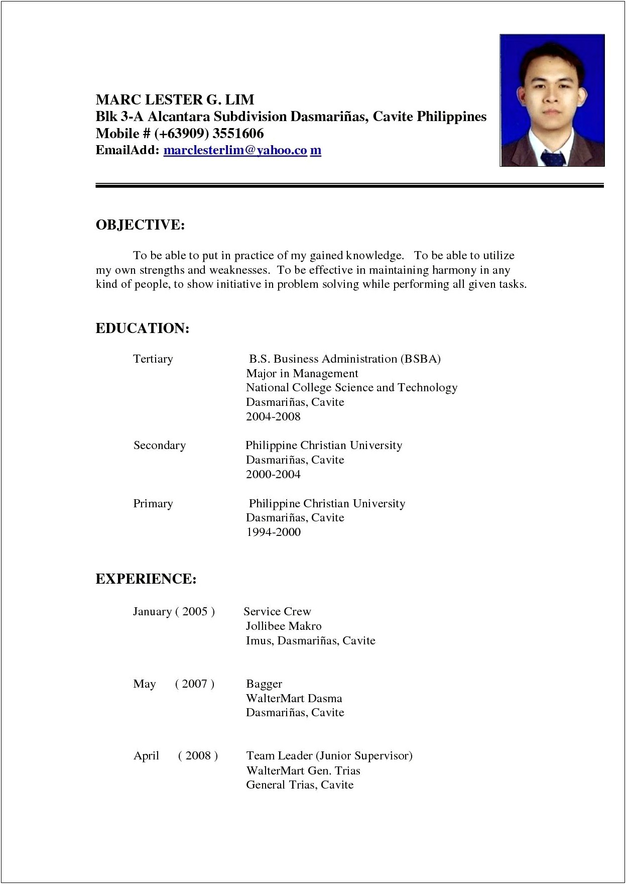 Sample Resume Philippines With Work Experience