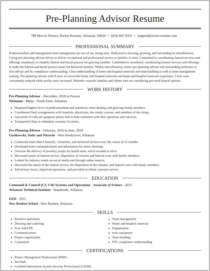 Sample Resume Pre Planning Advisor Dignity Memorial