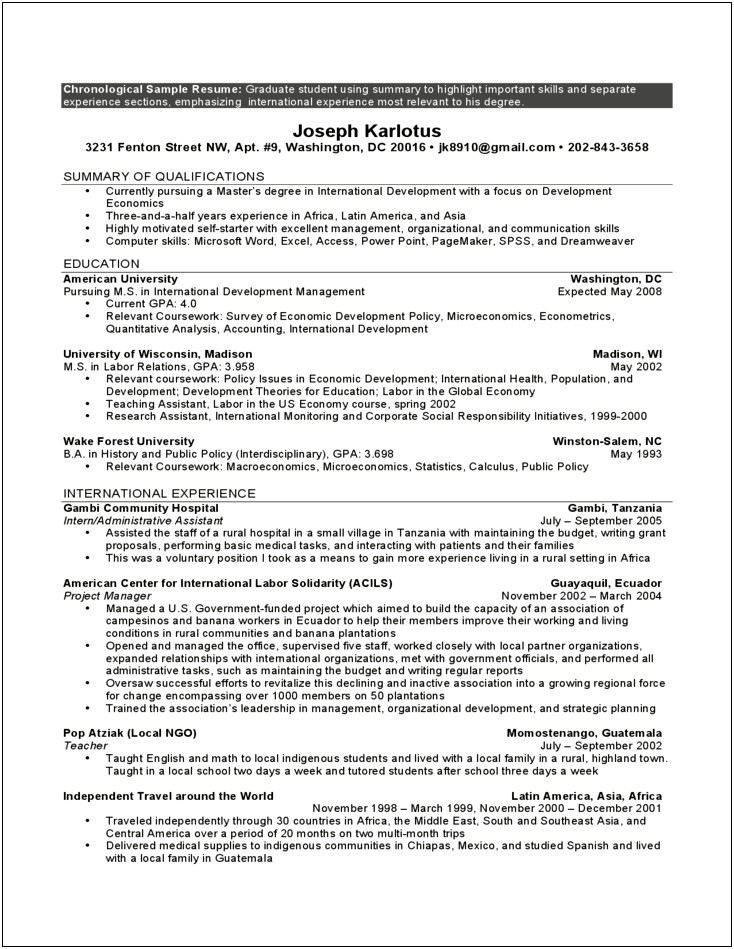 Sample Resume Pursuing Master's Degree