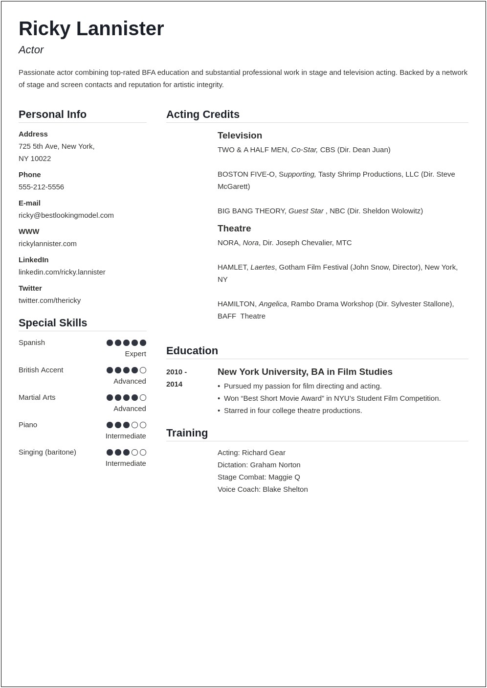 Sample Resume Right Out Of College Theatre