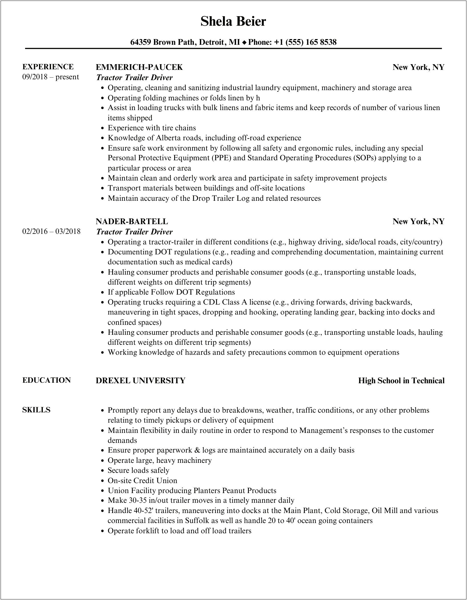 Sample Resume Samples Tractor Trailer Driver Sample1