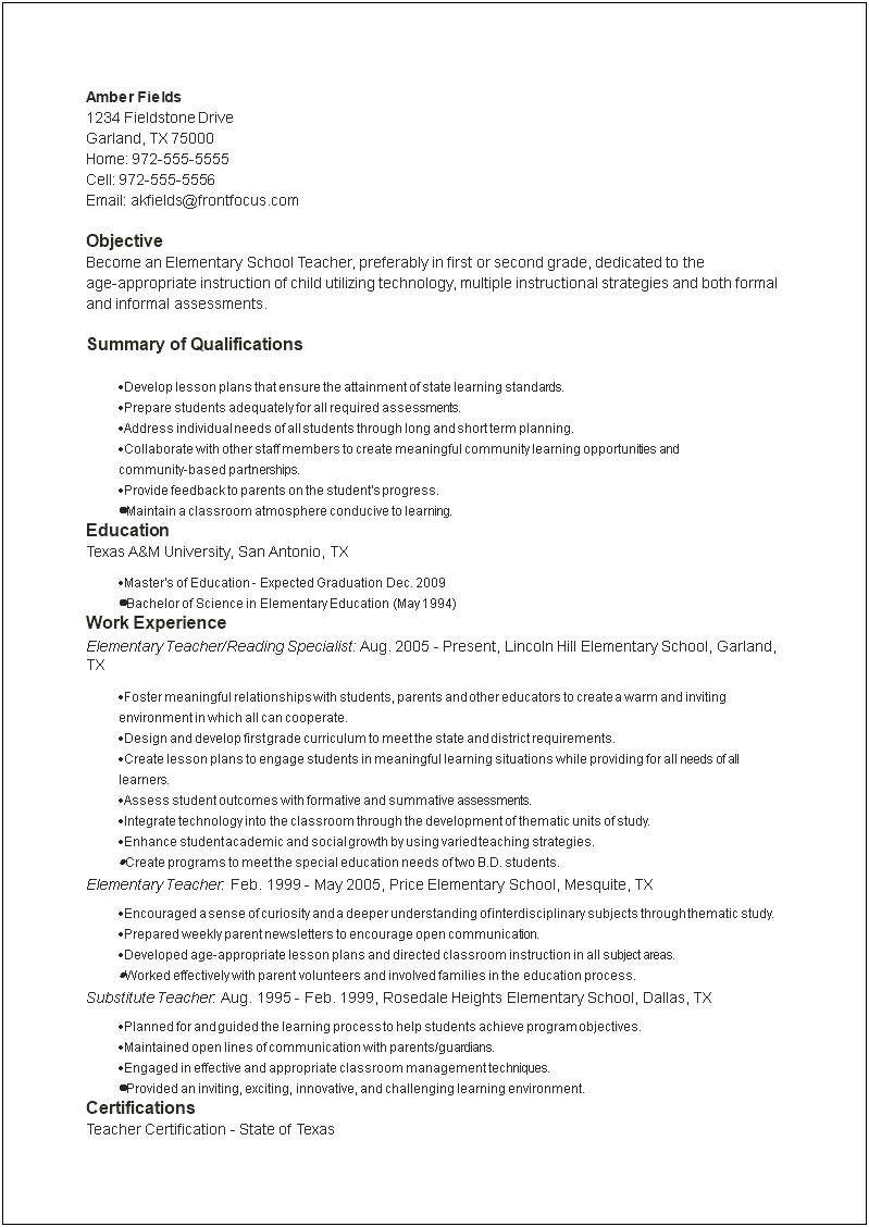 Sample Resume Science Standards Ad Instruction