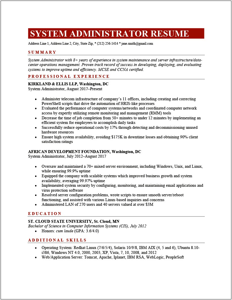 Sample Resume Server Maintenance Email Template