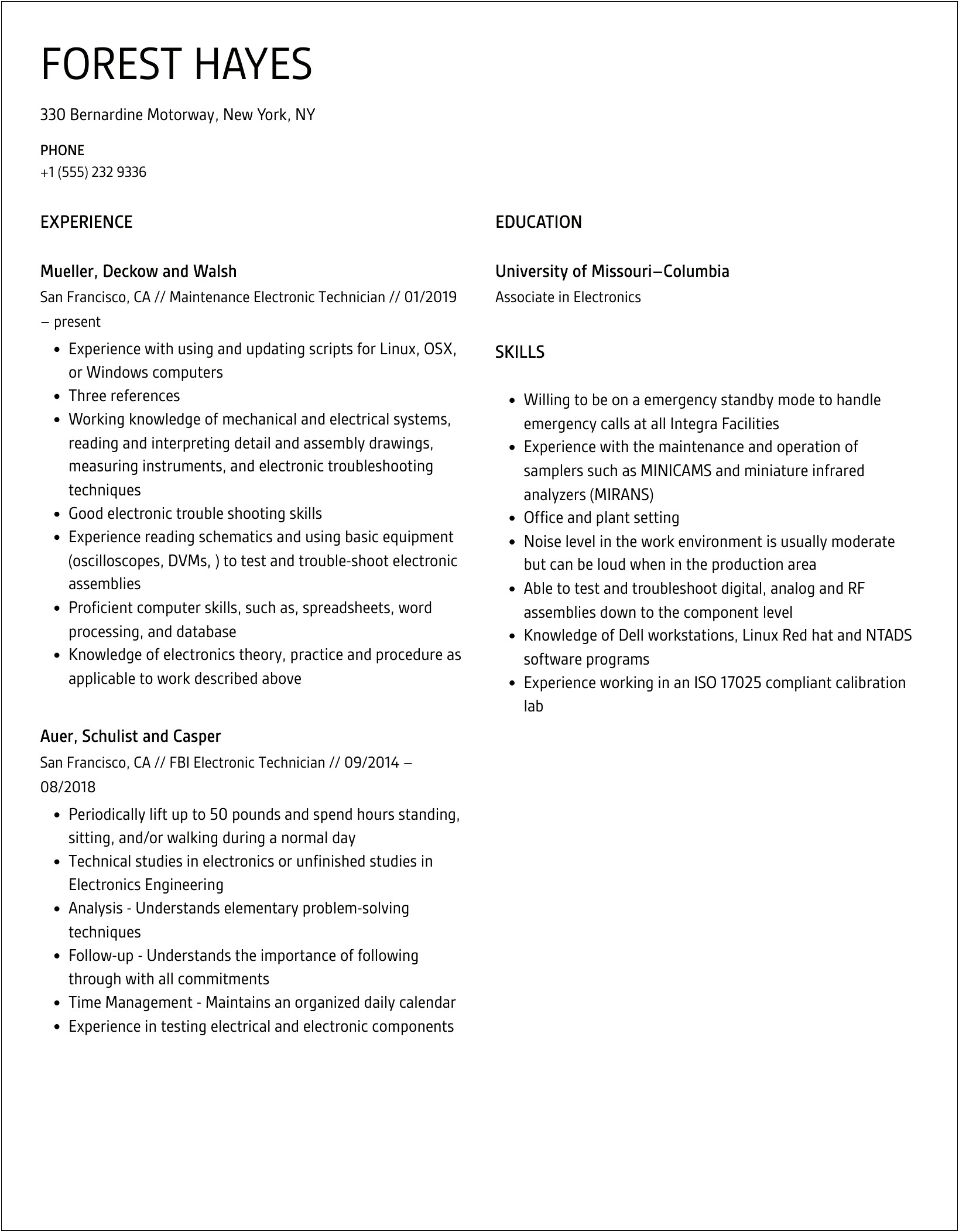 Sample Resume Summary For Electronics Technician