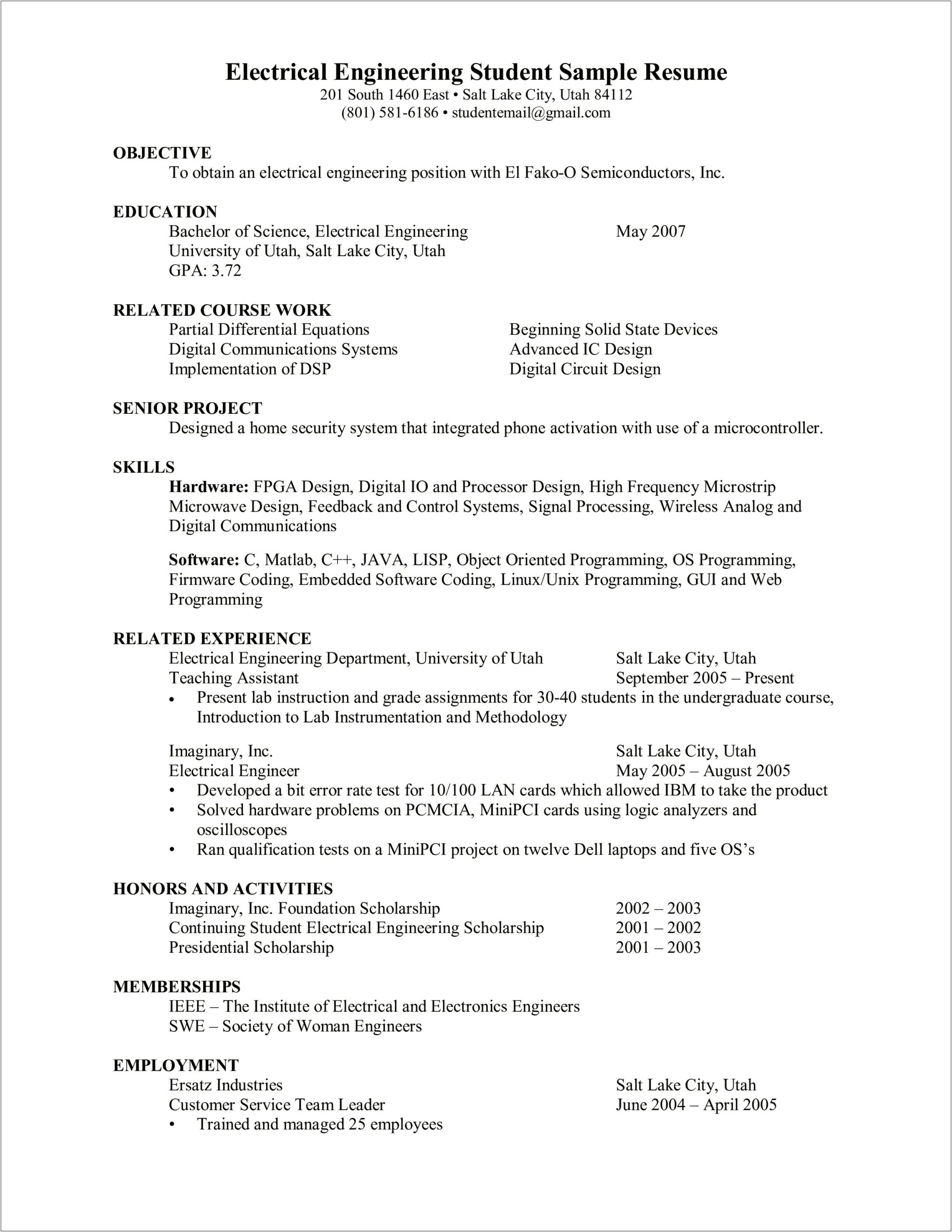 Sample Resume Templates For Engineering Students