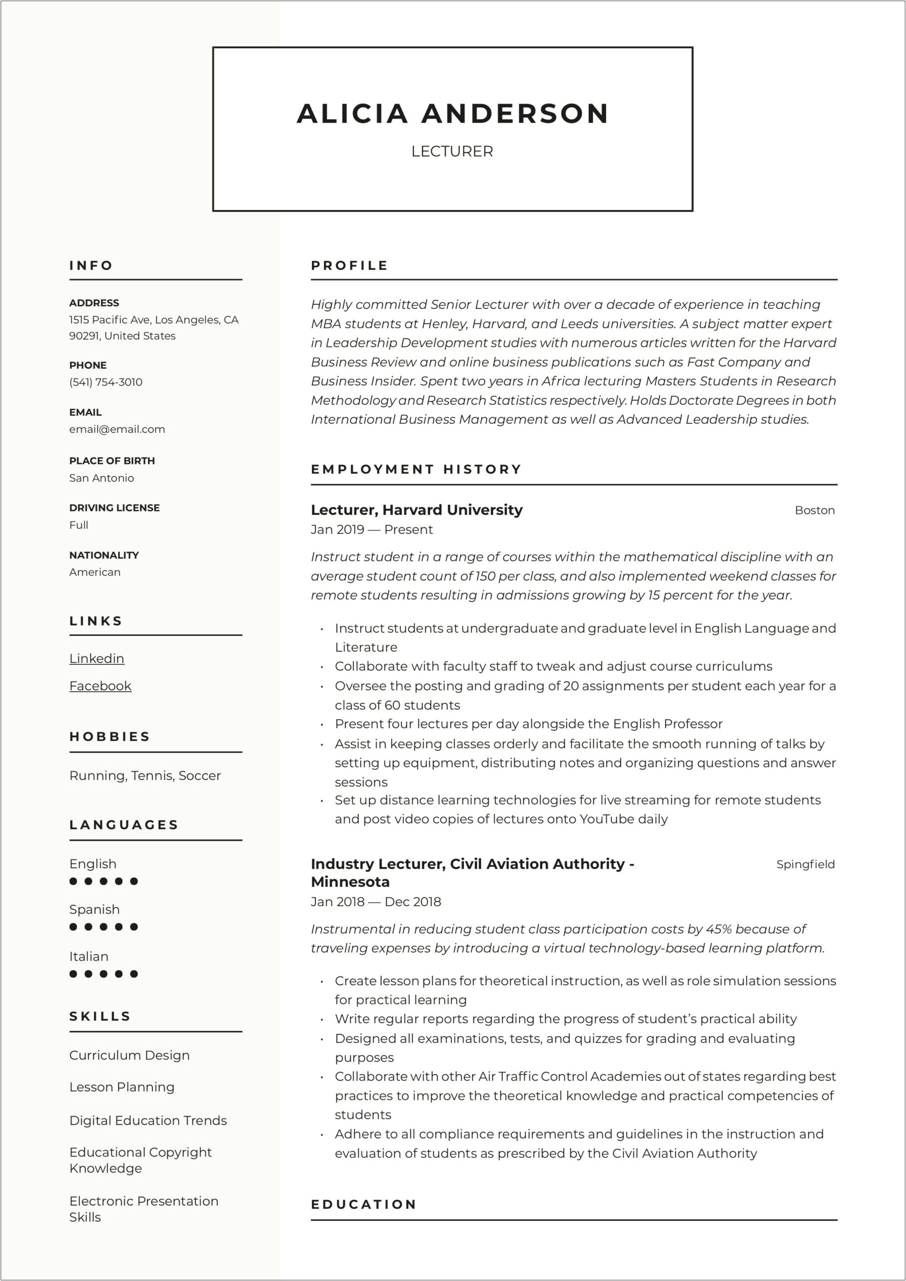 Sample Resume To Apply For Lecturer Post