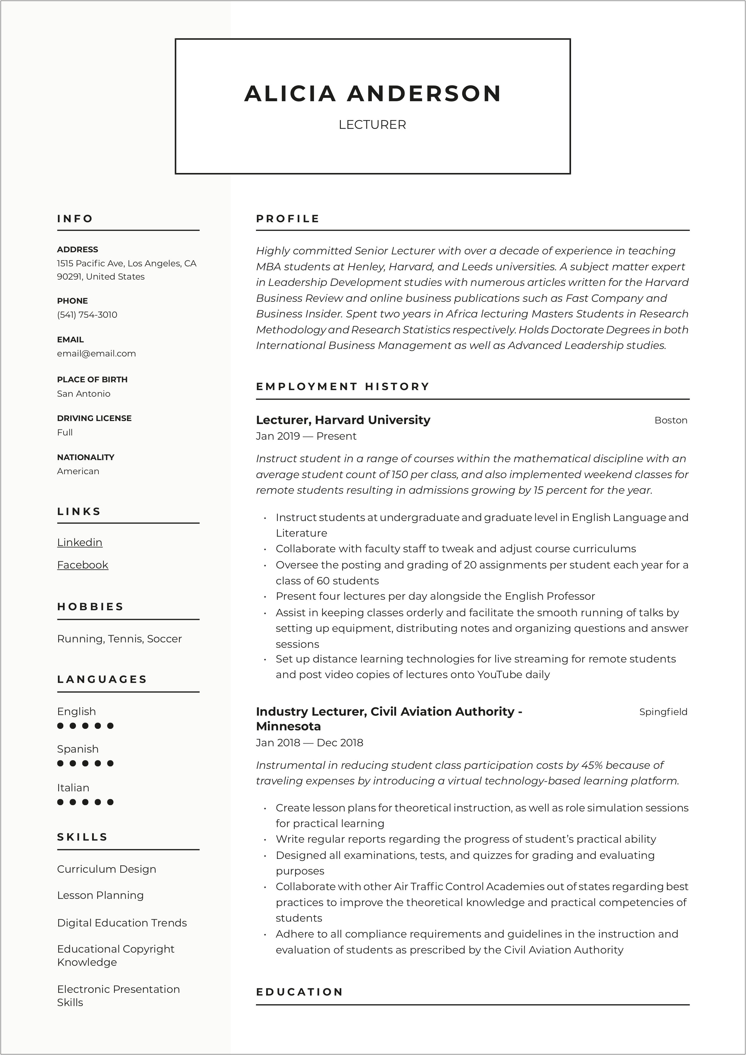 Sample Resume To Apply For Lecturer Post