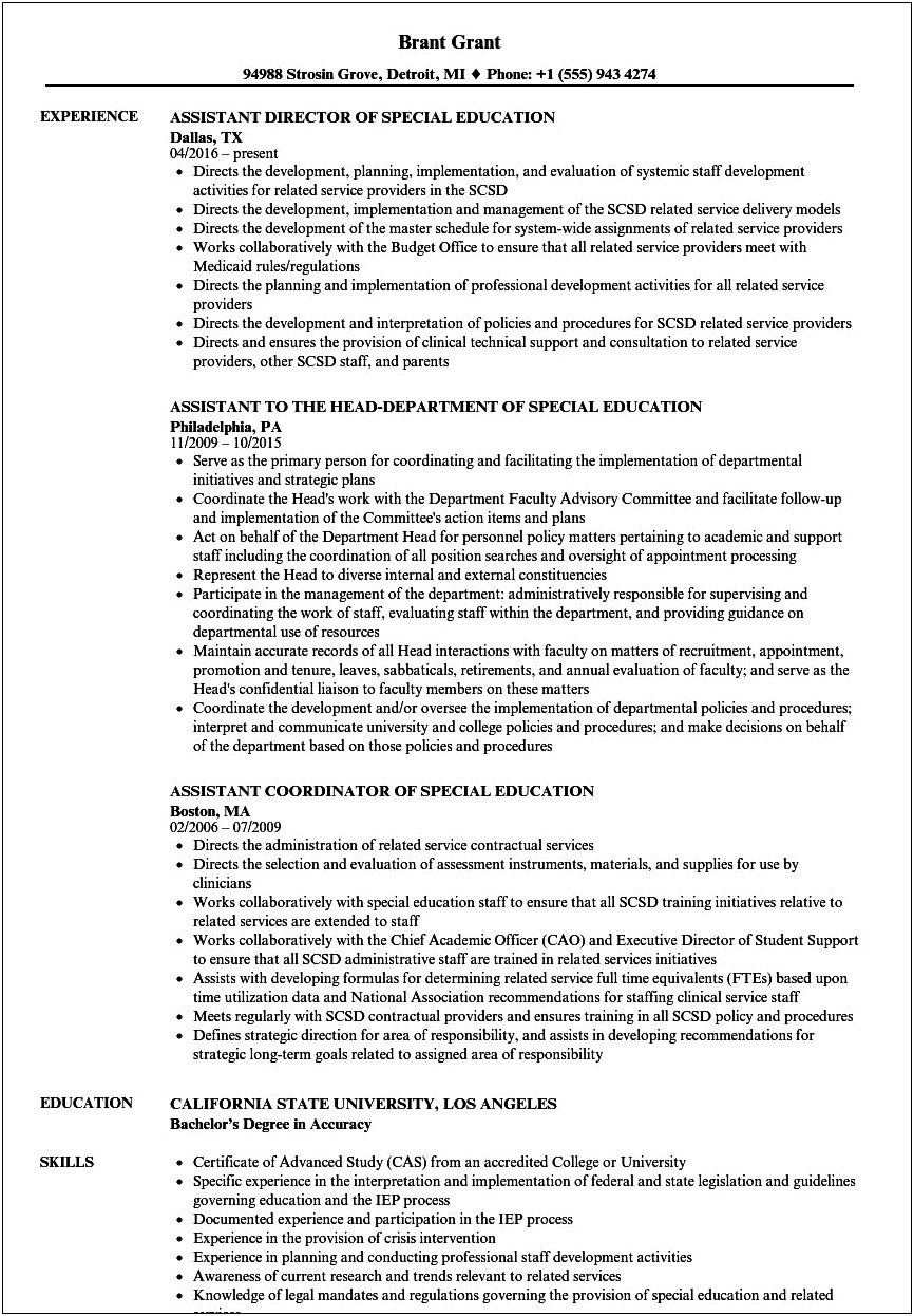 Sample Resume Unit For Special Education Students