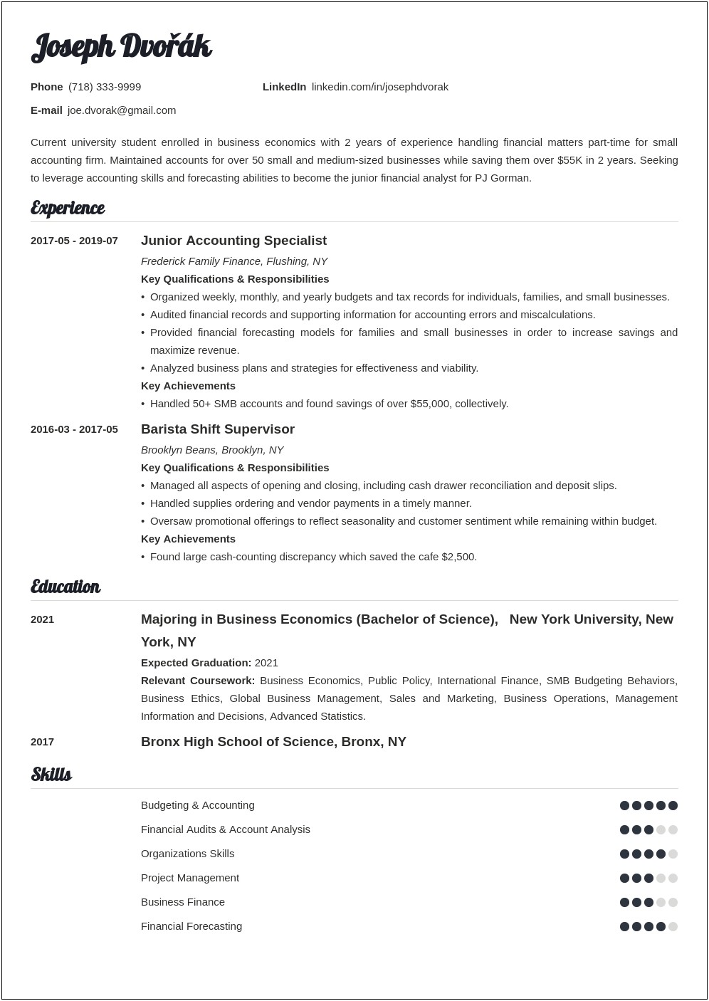 Sample Resume With College Major Undergrad