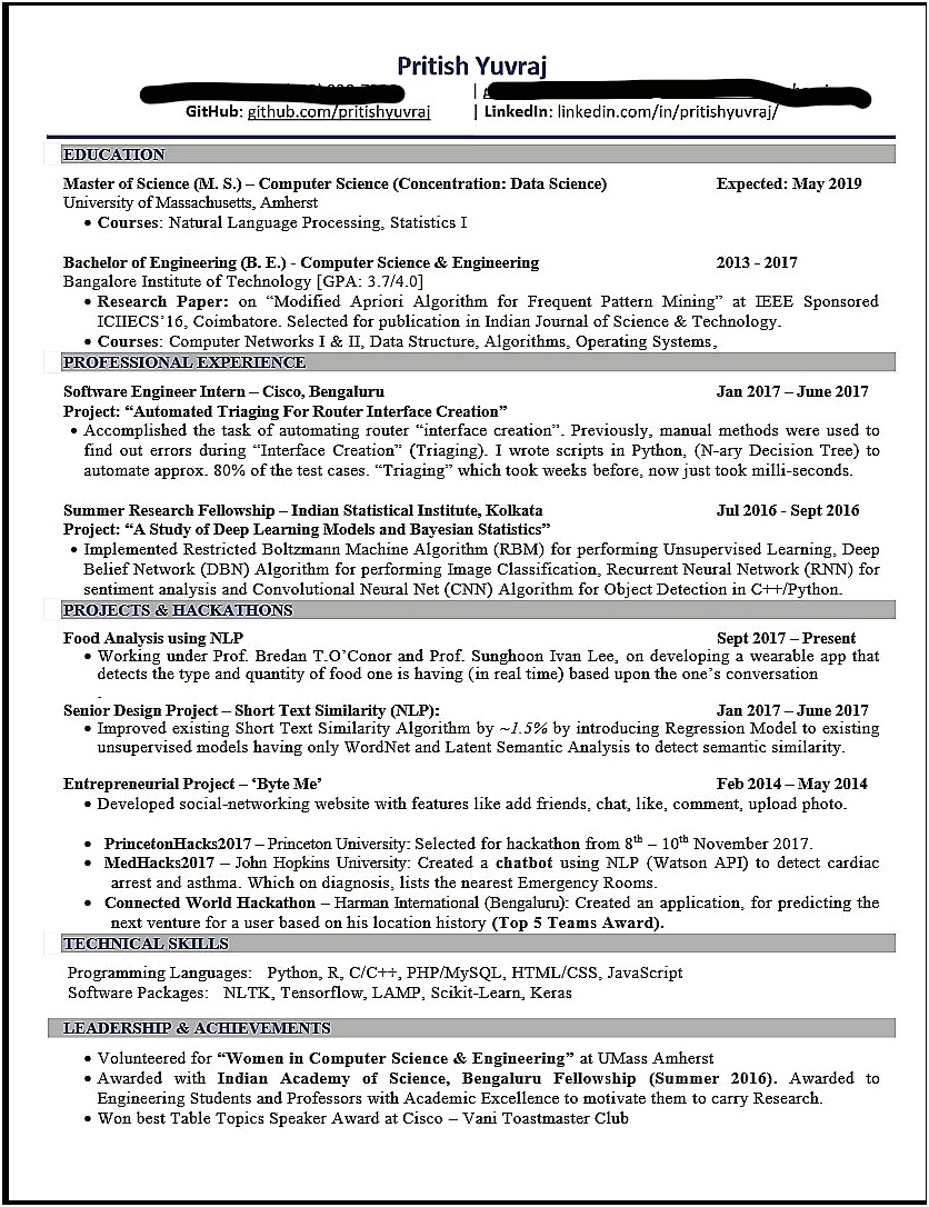 Sample Resume With Internship Masters Degree