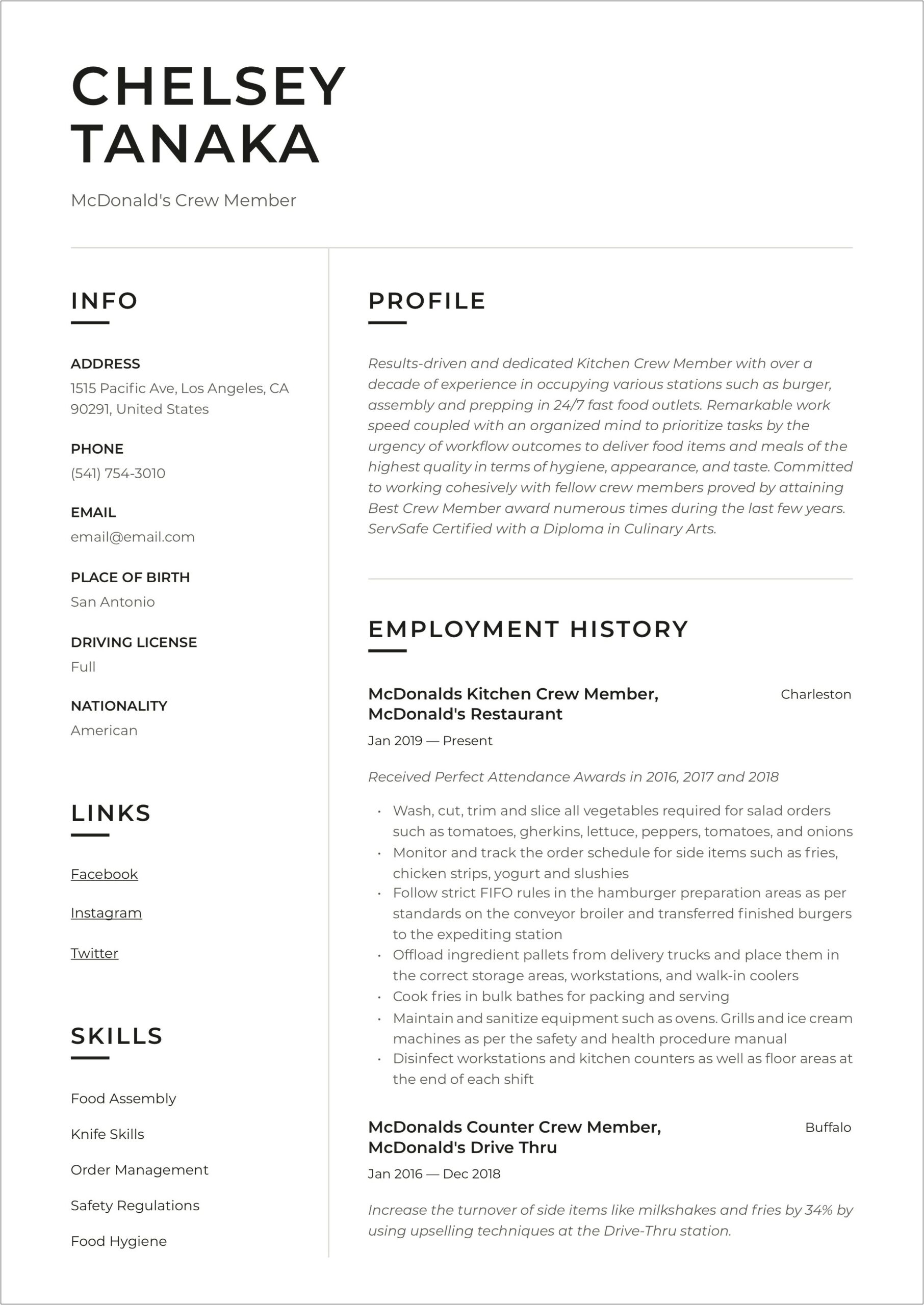 Sample Resume With Mcdonald's Experience