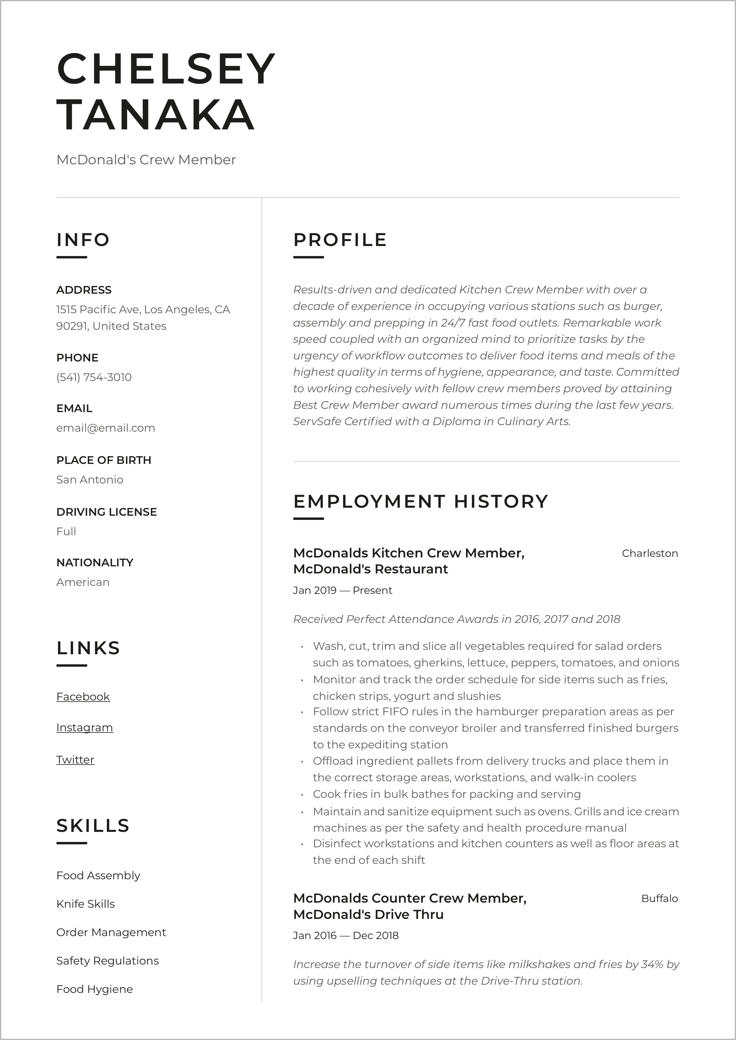 Sample Resume With Mcdonald's Experience