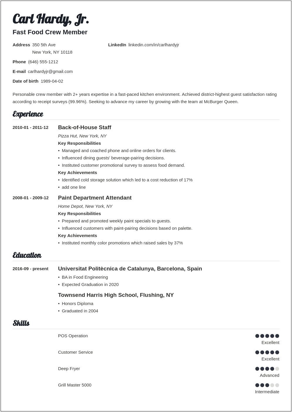 Sample Resume With No Experience From Food Job