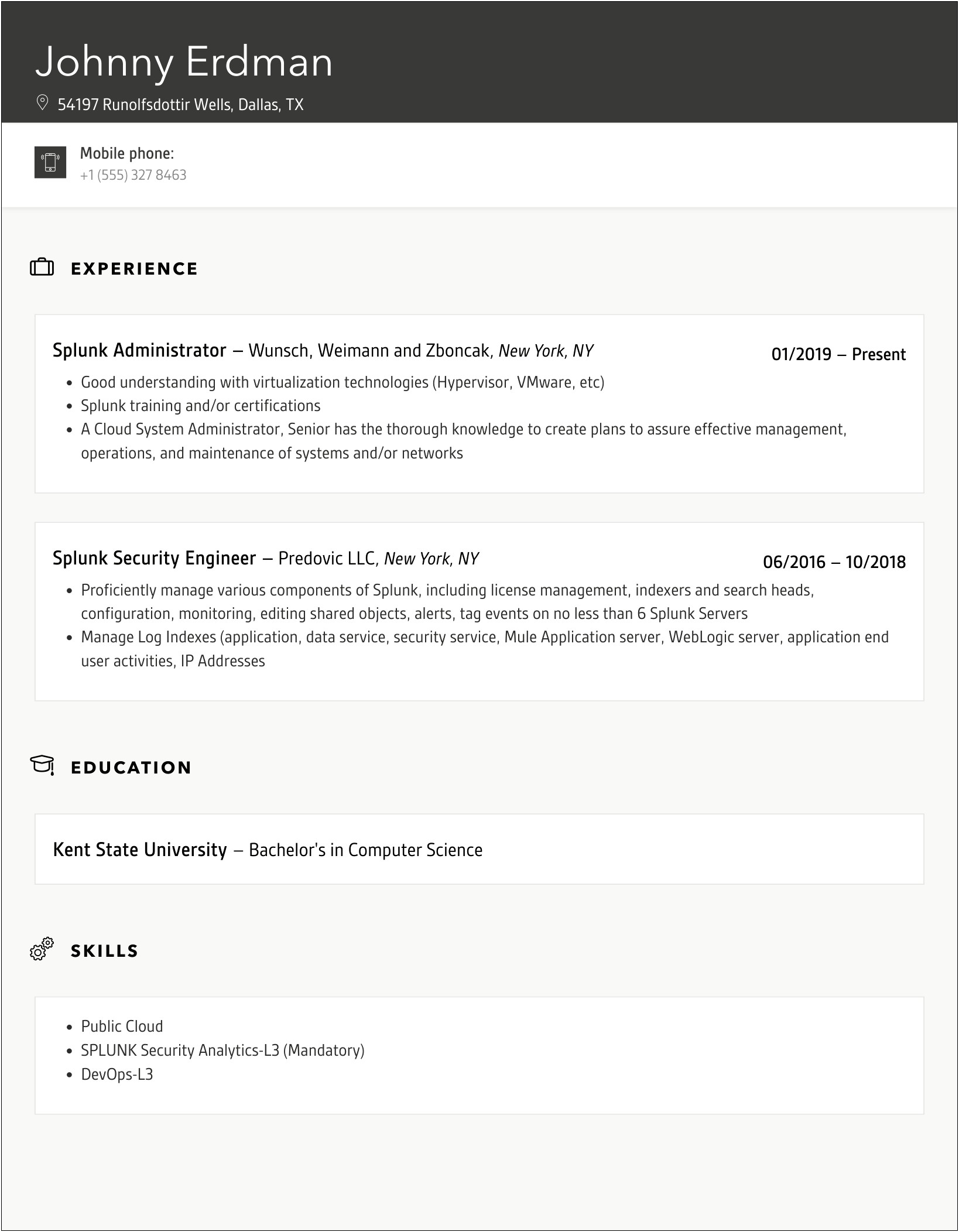 Sample Resume With Splunk And Elk Experience