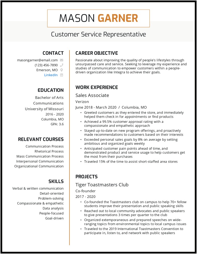 Sample Resume Without Objective Statement For Customer Support