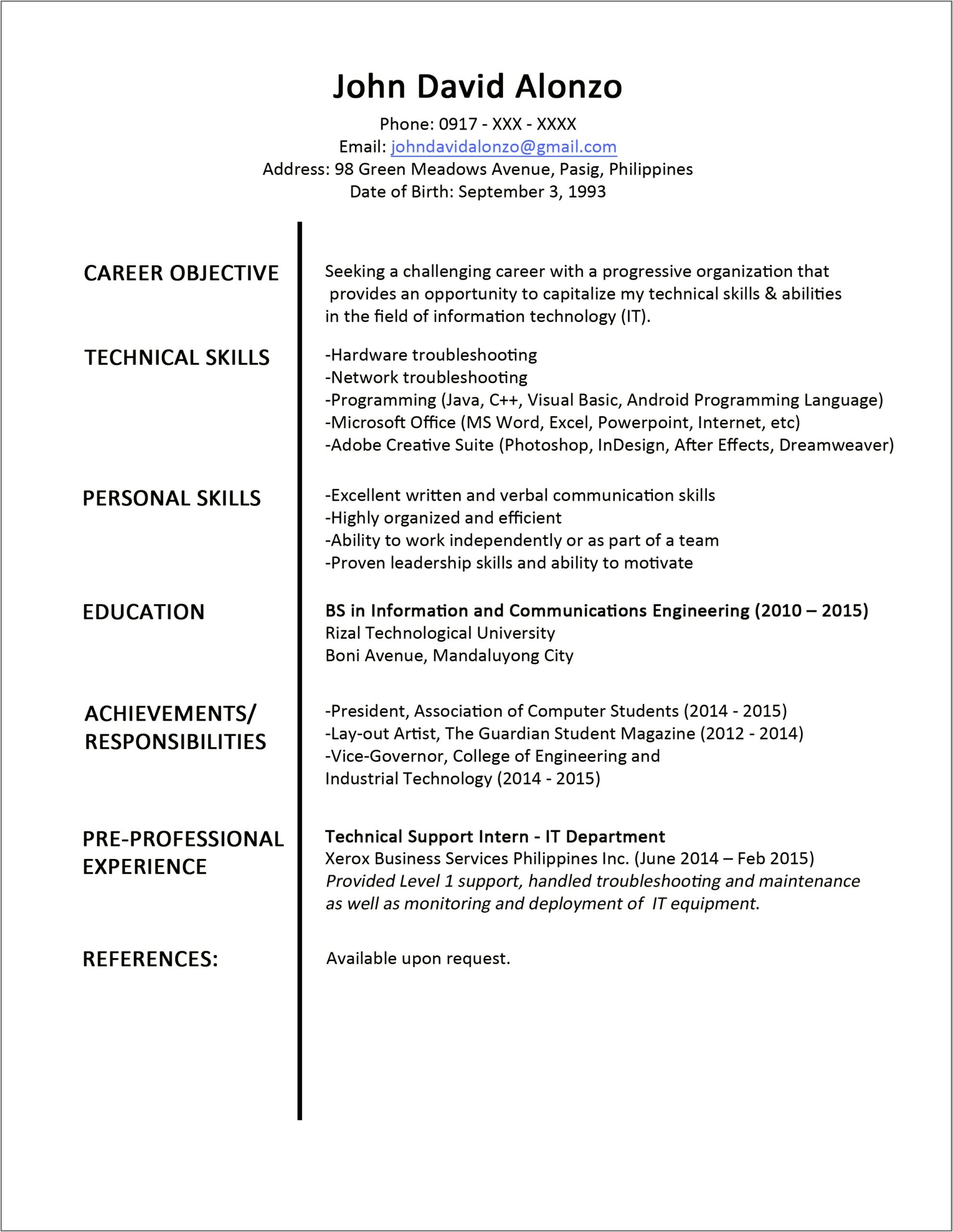 Sample Resumes For Engineering Students Pdf