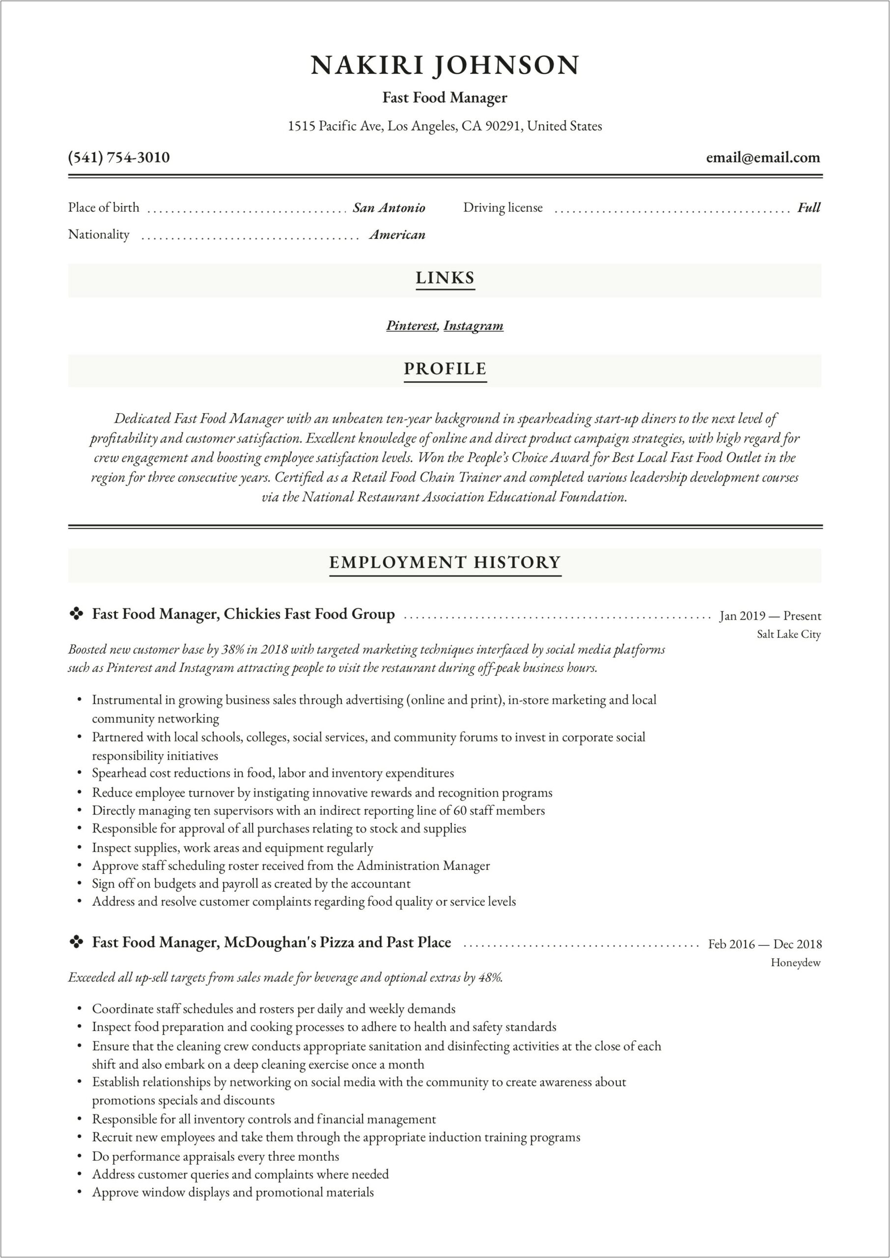 Sample Resumes For Fast Food Jobs