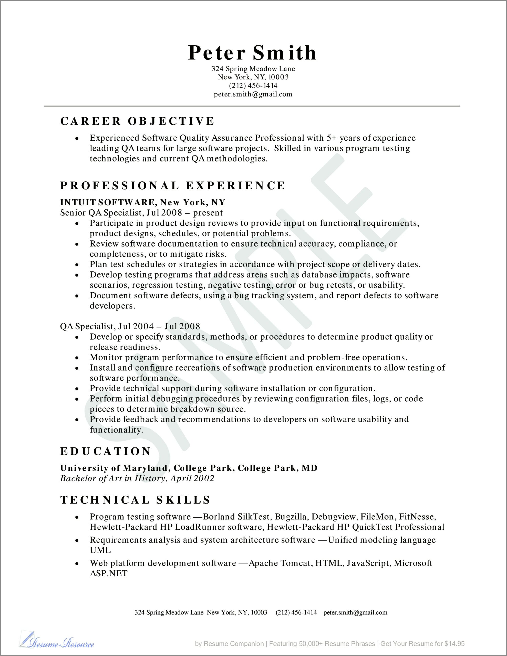 Sample Resumes For Fresh Graduates For Qa