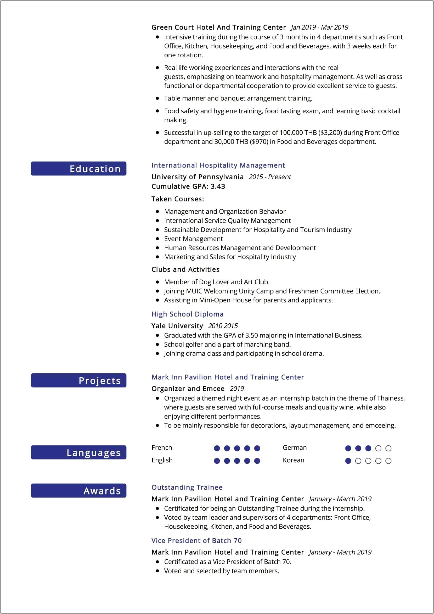 Sample Resumes For Jobs In Hospitality