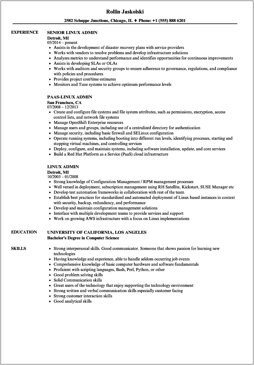 Sample Resumes For Linux System Administrator