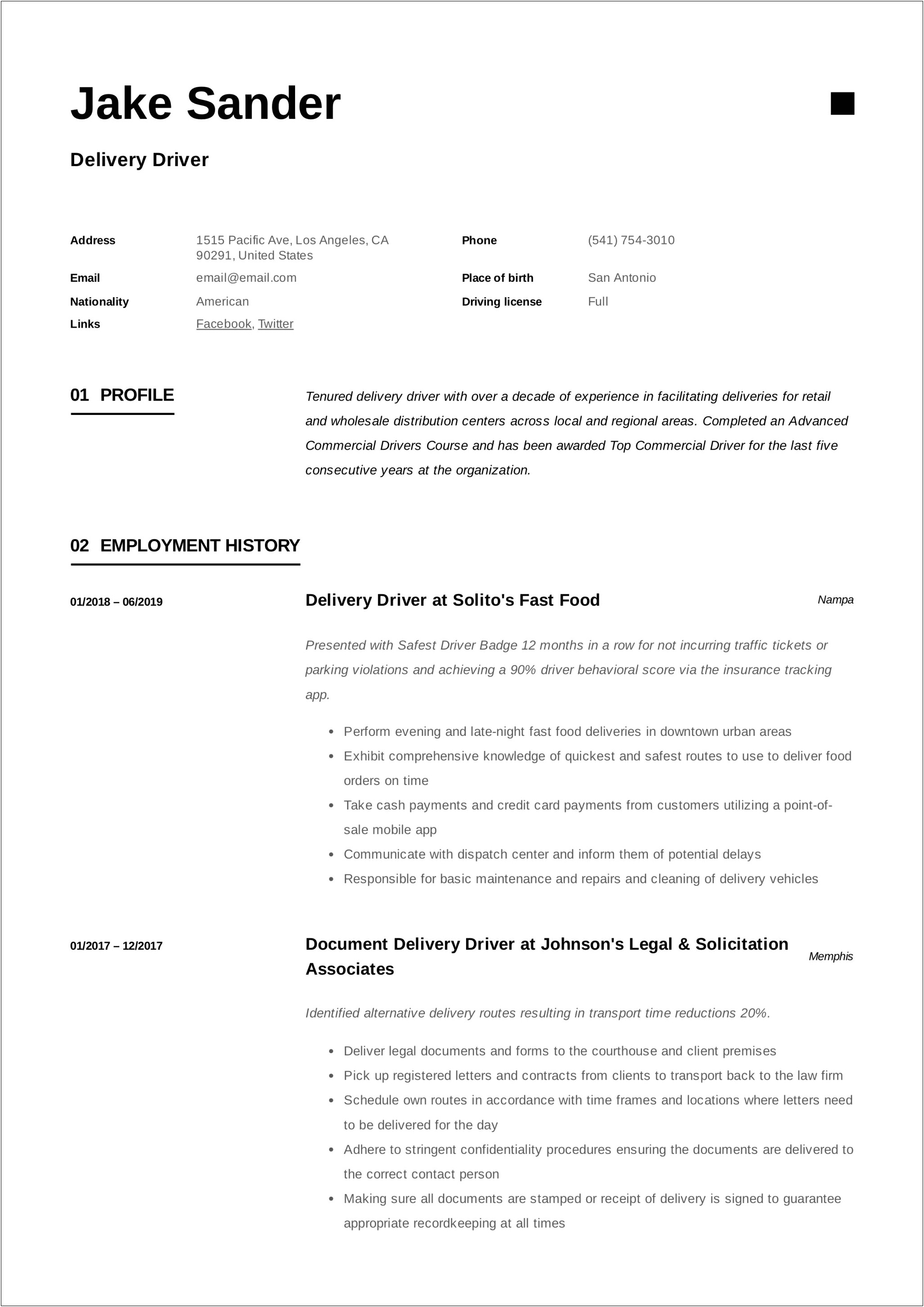 Sample Resumes For Non Cdl Delivery Drivers 2018