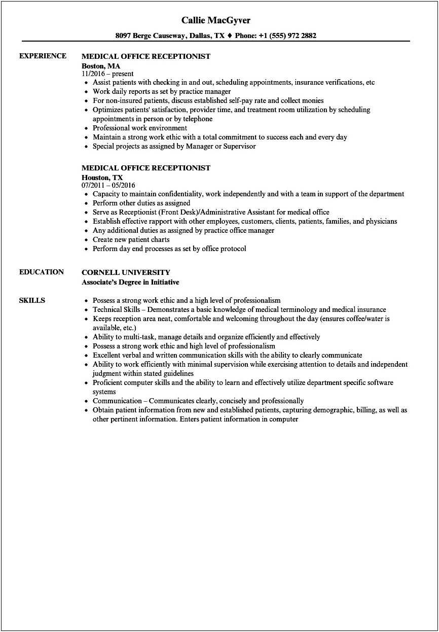 Sample Resumes For Receptionist In Doctors Office
