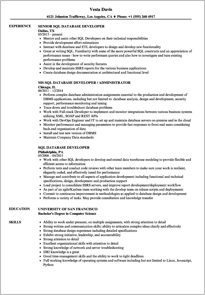 Sample Resumes For Sql Developer Entry Level