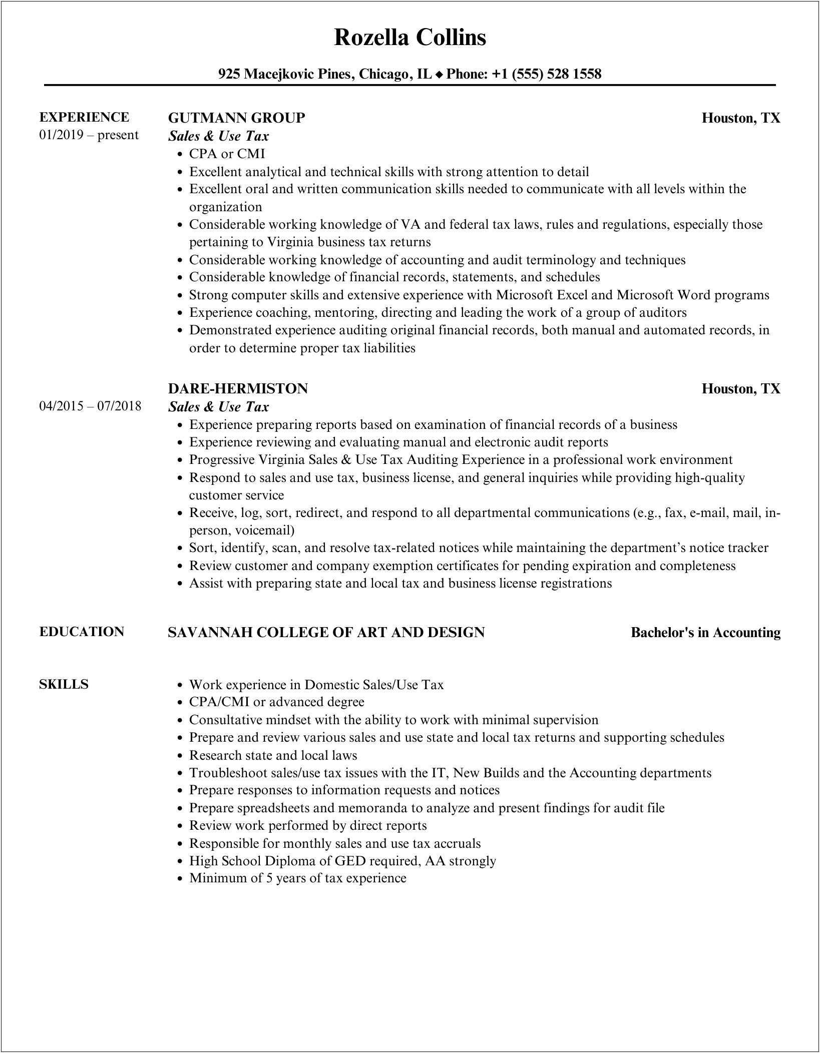 Sample Sales And Use Tax Resume