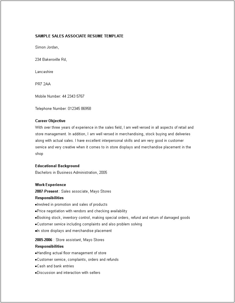 Sample Sales Associate Job Description Resume