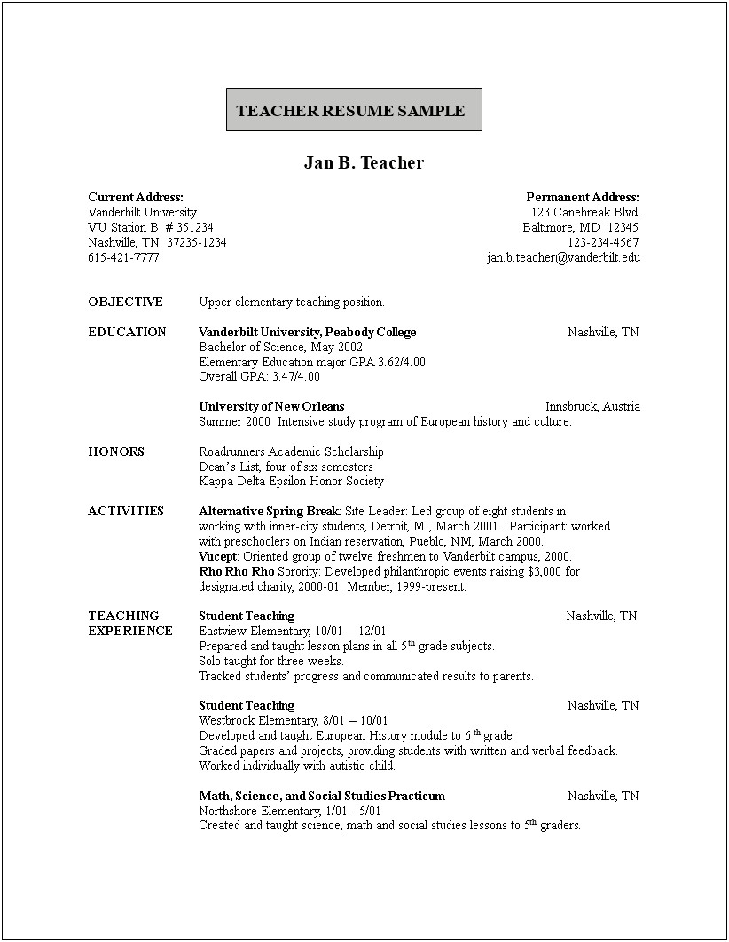 Sample Teacher Resume Format In Word