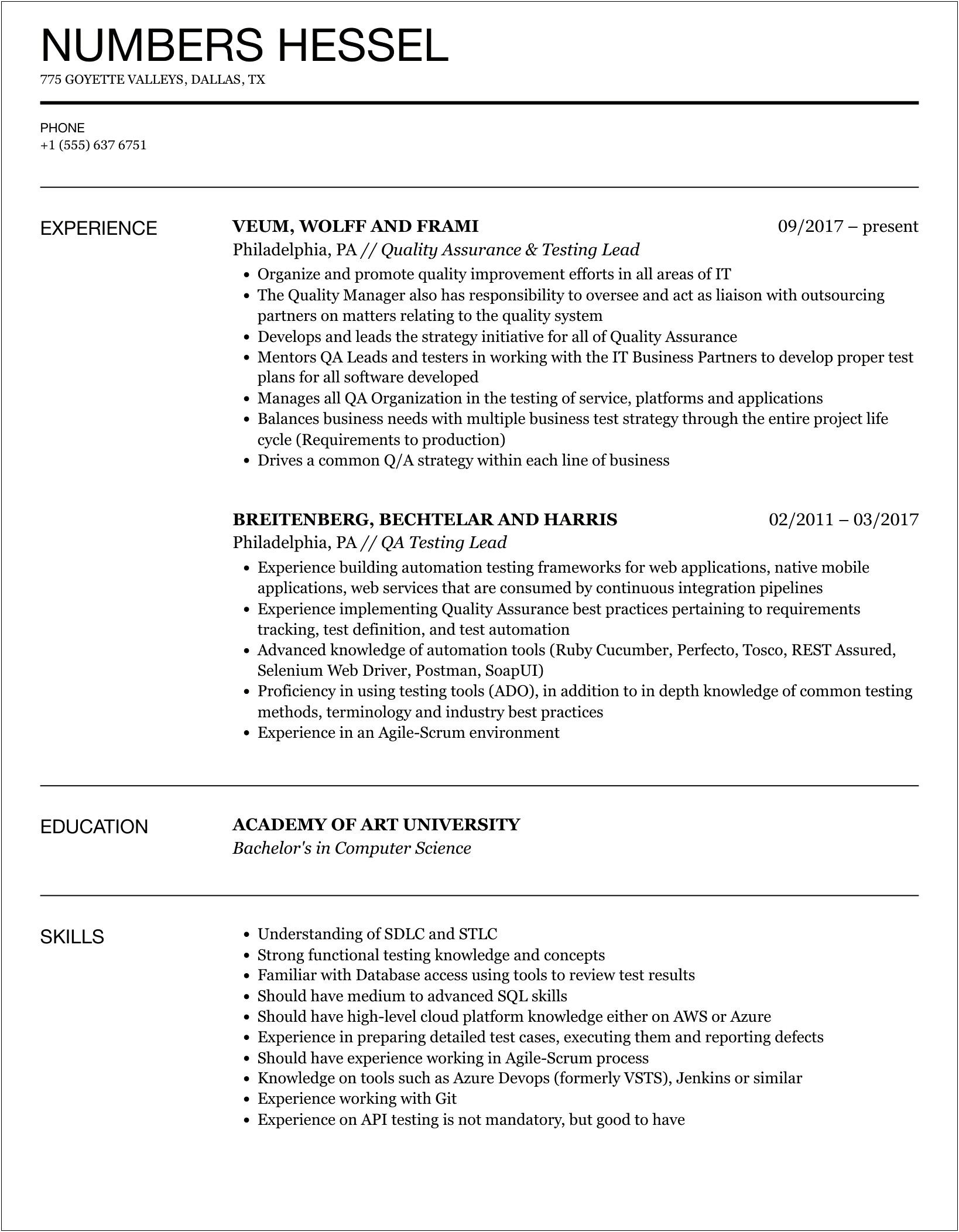 Sample Test Lead Resume In Usa Format