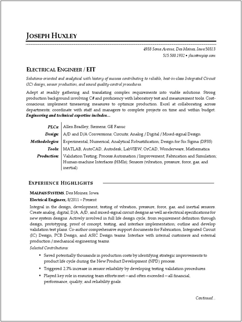 Sample Testing Resume Including Six Sigma