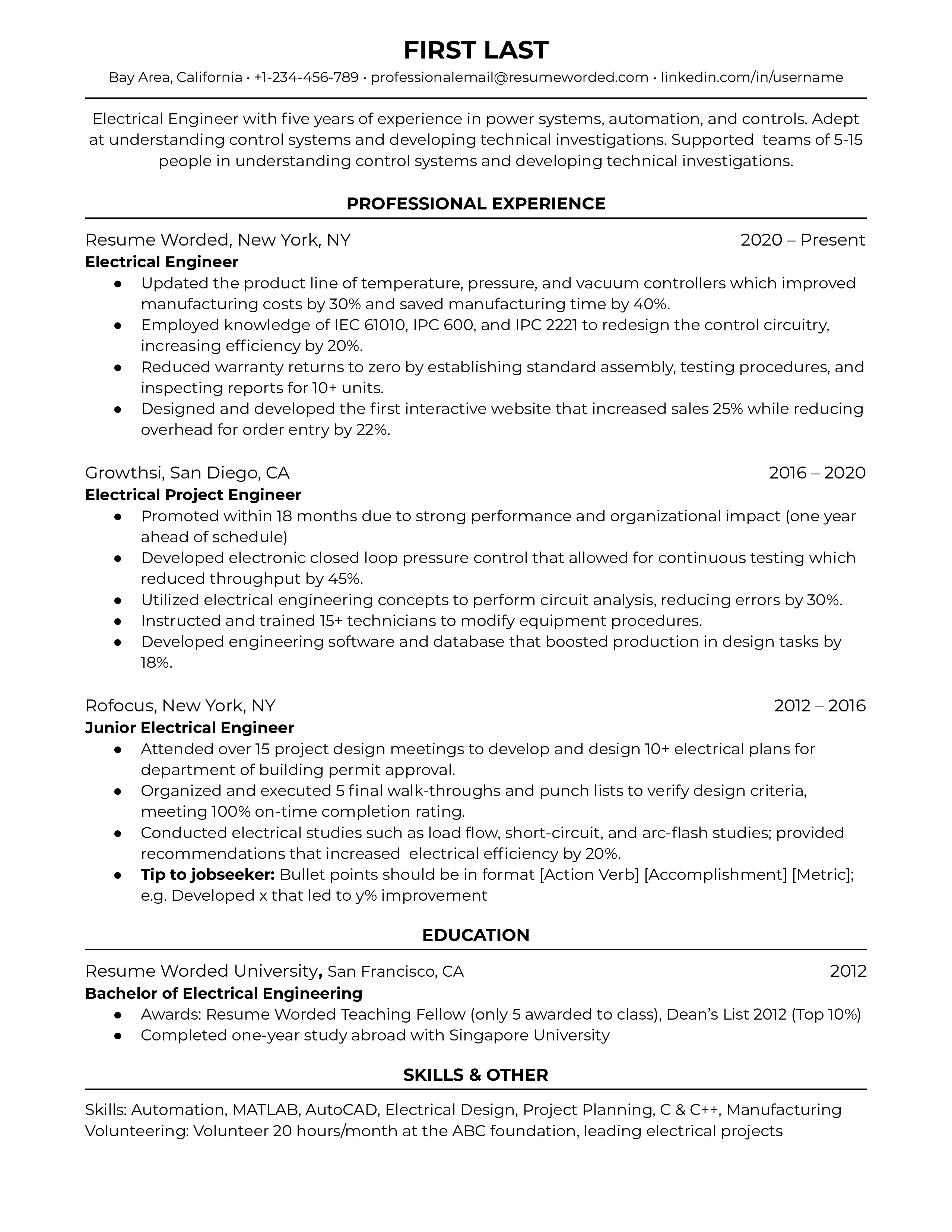 Sample Us Electrical Engineer Applicant Resumes