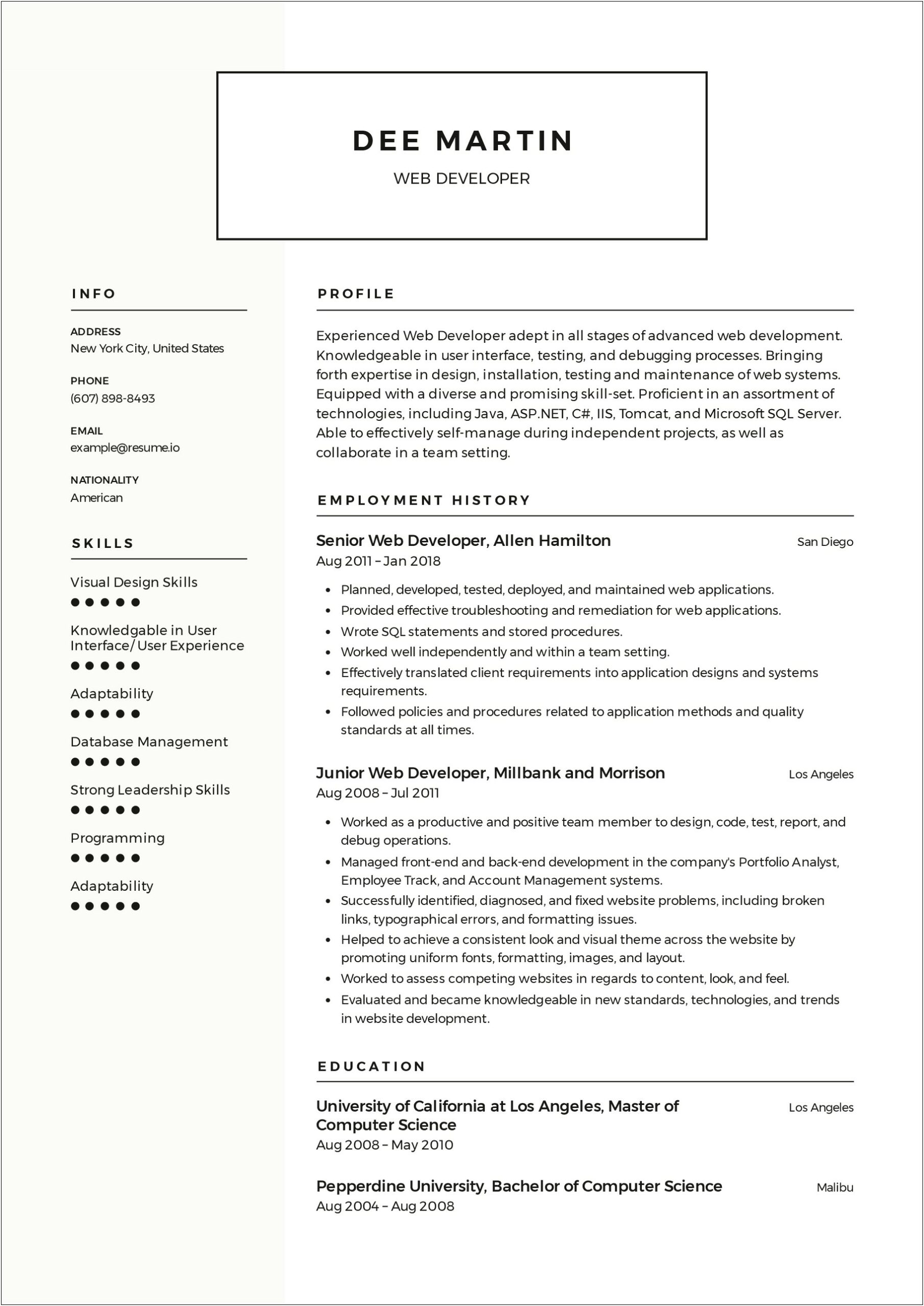 Sample Web Page And Database Resume